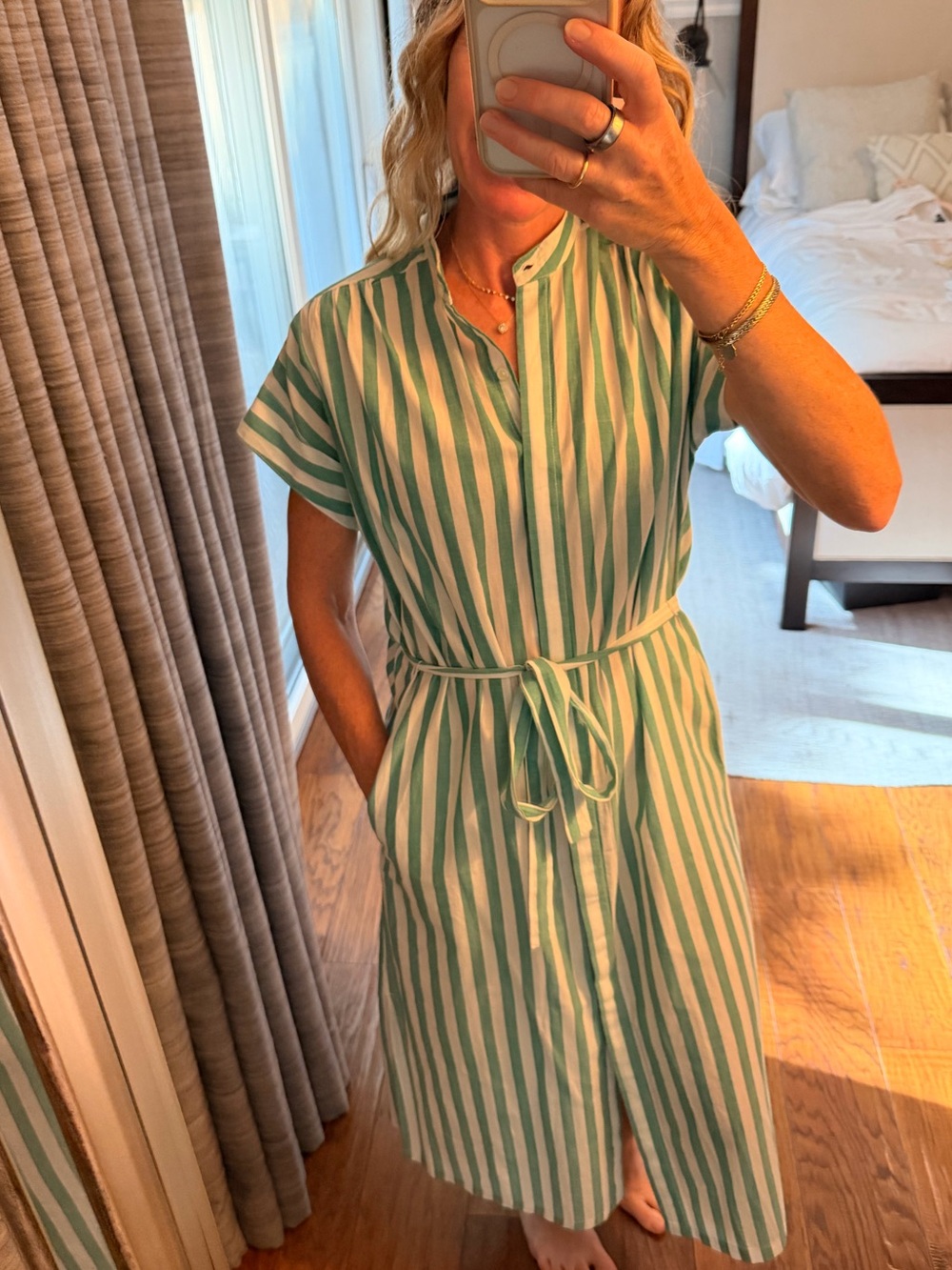 Birds of Paridise Striped Green Midi Dress with Tie Waist